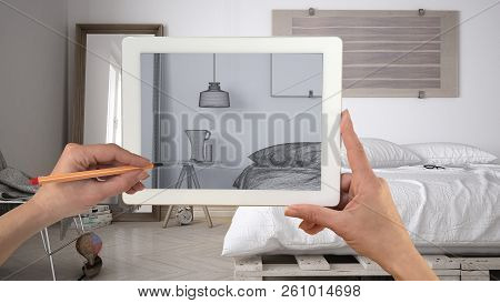 Hands Holding And Drawing On Tablet Showing Modern Living Room Cad Sketch. Real Finished Minimalist 