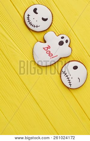 Jack Skellington And Ghost Cookies. Gingerbread Biscuits With Icing For Halloween Holiday, Copy Spac
