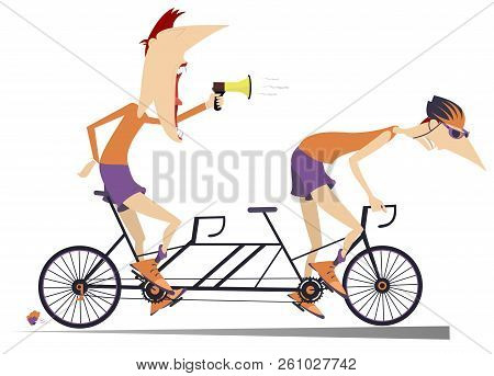 Cyclist And Coach Rides A Tandem Bike Isolated. Strict Trainer With Megaphone And Cyclist In Helmets