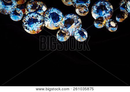 Pile Of Diamonds On Black Velvet Background With Copy Space, Retro Toned