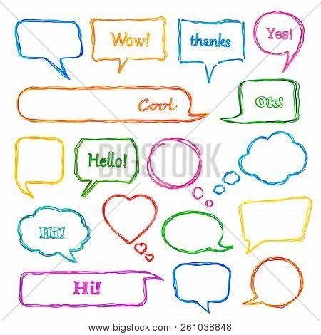 Set Of Colorful Scribbled Comic Speech Bubbles With Hand Drawn Doodle Style. Vector Talk And Thought