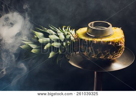 Hookah Hot Coals On Shisha Bowl With Black Background. Stylish Oriental Shisha. Pineapple