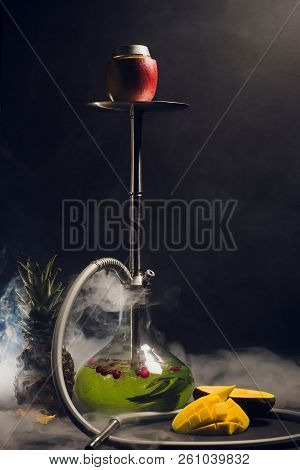 Hookah Hot Coals On Shisha Bowl With Black Background. Stylish Oriental Shisha. Pineapple, Mango