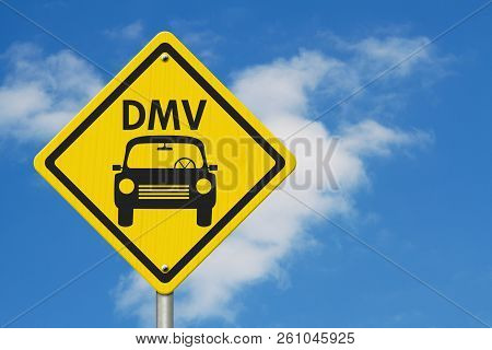 Visit To The Dmv Highway Warning Sign, Icon Of A Car And Text Dmv On A Yellow Highway Sign With Sky 