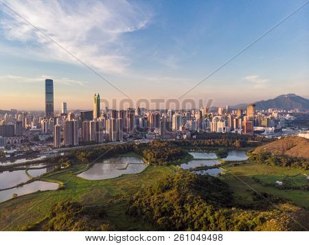 Skyline of Shenzhen City, China at twilight. Viewed from Hong Kong border