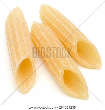 Italian pasta isolated on white background. Pennoni. Penne rigate.
