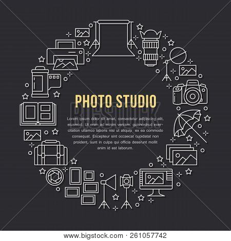 Photography Equipment Poster With Flat Line Icons. Digital Camera, Photos, Lighting Video Cameras, P