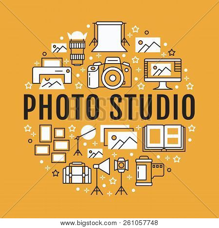 Photography Equipment Poster With Flat Line Icons. Digital Camera, Photos, Lighting Video Cameras, P