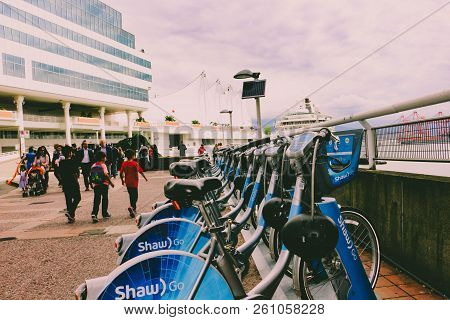 Vancouver Bc, Canada - June 17 2018: One Of Many Mobi Bike Share Stations In Vancouver. The Bike Sha