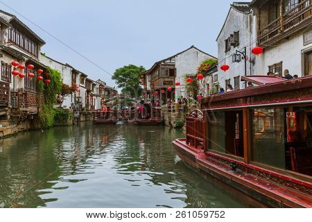 Suzhou, China - May 21, 2018: Boat cruise on the canal city of Suzhou.