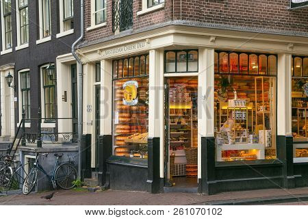 Amsterdam, Netherlands - June 25, 2017: Entrance To The Cheese Deli Shop On The Oudezijds Voorburgwa