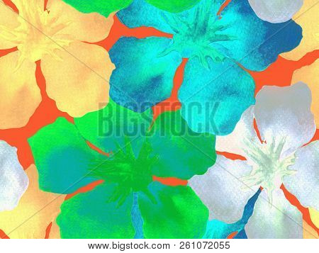 Hawaiian Watercolor Pattern. Green Turquoise Floral Tropical Seamless Print. Hibiscus And Oleander I