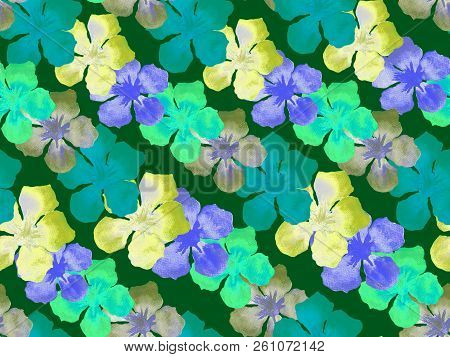 Hawaiian Watercolor Pattern. Green Turquoise Floral Tropical Seamless Print. Hibiscus And Oleander I