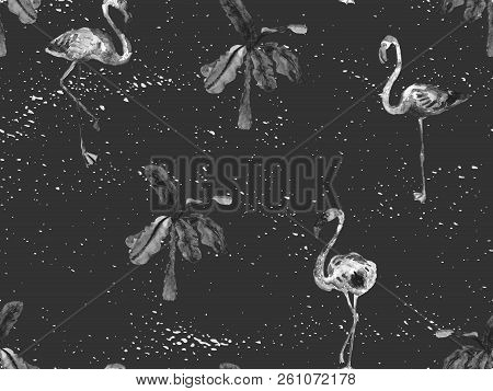 Large Flamingo Black White Hawaiian Seamless Pattern. Spring Saturated Watercolor T-shirt Print. Sat
