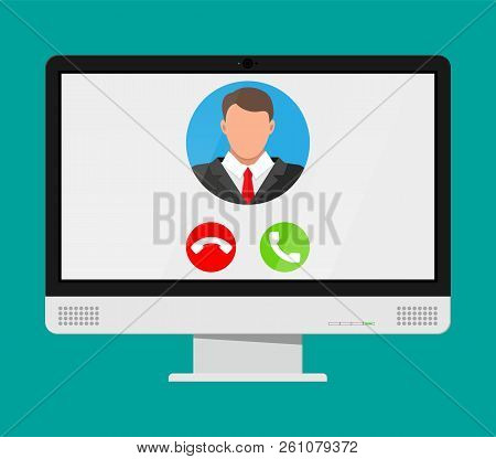 Incoming Video Call On Computer. Photo Of Man, Decline And Accept Buttons On Notebook Screen. Online