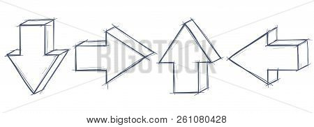 Arrows. Small Straight Outline Signs. Grunge Pencil Hatching Technique. Vector Illustration Isolated