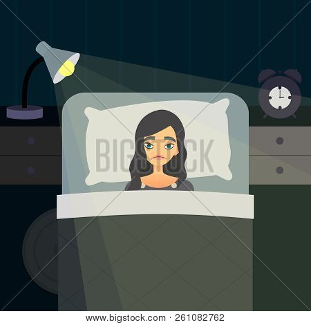 Sleepless Insomnia Concept Art. Tired Woman On The Bed Can Not Sleep. Stress Female Character. Insom