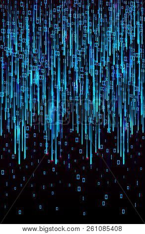 Vector Abstract Big Data Visualization. Blue Flow Of Data As Matrix Code Strings. Information Code R