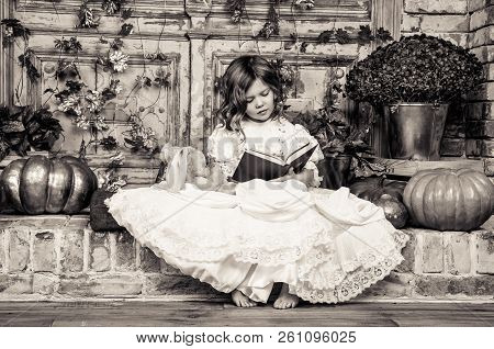 Little Girl Is Reading Book. Litle Girl In Vintage Dress. Girl In Retro Dress With Book. Little Lady
