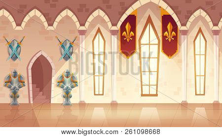 Vector Castle Hall, Hallway In Medieval Palace, Ballroom For Dancing And Royal Receptions. Rich Inte