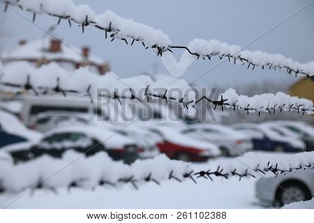 Barbed Wire Fence On Winter Time Backgruond White Snow