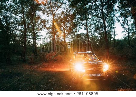 Gomel, Belarus - September 29, 2018: Car Renault Duster Suv In Autumn Evening Forest. Duster Produce