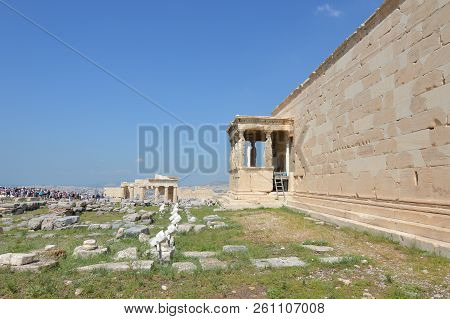 Side Facade Of The Erechtheion Known As The Caryatids At The Acropolis Of Athens. History, Architect