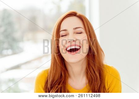 Close Up Photo Of Beautiful, Attractive, Pretty, Cute, Sweet, Gorgeous, Nice Lady Close Eyes Throw B