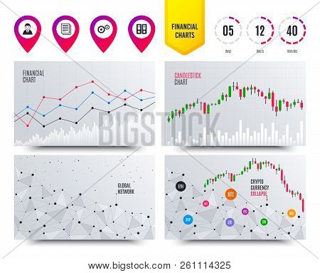 Financial Planning Charts. Accounting Workflow Icons. Human Silhouette, Cogwheel Gear And Documents 