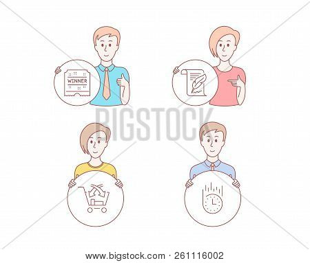 People Hand Drawn Style. Set Of Cross Sell, Feather And Winner Ticket Icons. Fast Delivery Sign. Mar