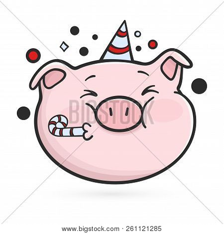 Celebrating Emoticon Icon. Emoji Pig. Vector Illustration