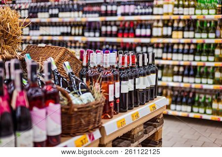 Bottles Of Wine And Other Alcohols In Supermarke