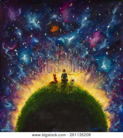 Original Oil Painting Little Prince And Fox And Red Rose Sitting On Grass Under Starry Sky. Colorful
