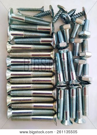 Ironmongery Silver Bronze Iron Stainless Steel Tapping Screw Background Texture Macro Photo
