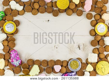 Frame Of Gingernuts And Candy And Chocolate Coins For Traditional Dutch Holiday Sinterklaas
