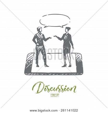 Discussion, Talk, Conversation, Dialog, Person Concept. Hand Drawn Two Women Have Conversation Conce