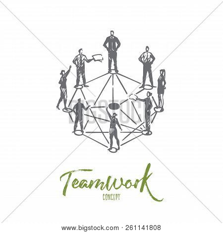 Teamwork, Business, People, Together, Collaboration Concept. Hand Drawn People Communicate In Partne