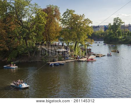 Czech Republic, Prague, September 8, 2018: View Of The Strelecky Island In The River Vltava With Tou