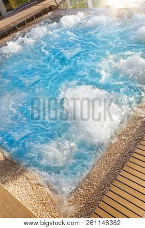 Luxurious Hot Tub Spa In Boutique Hotel With Big Glass Windows With Nature View.