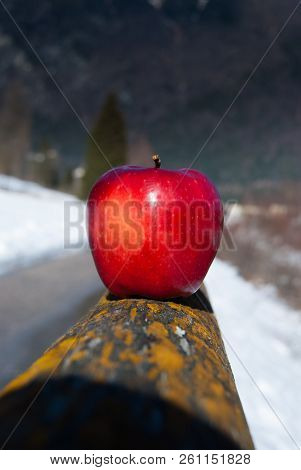 A Whole Red Apple With Petiole Balanced On Wooden Fence