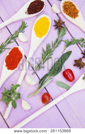 Cooking Hot Spicy Food Concept. Dry Spices, Beans And Herbs In Plastic Cup, Glass Jar With Cork And 