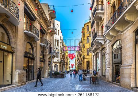 Beirut, Lebanon - Feb 5th 2018 - Locals Walking In A New, Modern Area Of Beirut Downtown In A Blue S