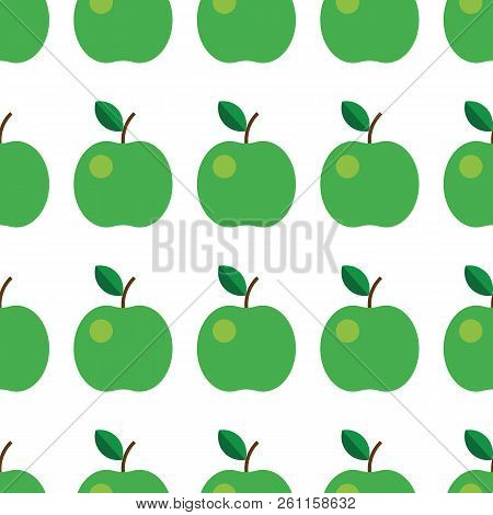 Seamless Pattern With Green Apples. Vector Illustration. Fruit, Leaf, On White Background. For Kitch
