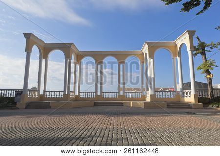 Evpatoria, Crimea, Russia - June 30, 2018: Colonnade On The Gorky Embankment In The Resort Town Of E