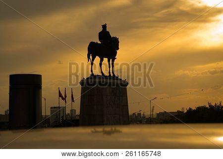 Silhouette of the Statue of Ataturk in Ulus Square. Ulus, Ankara - Turkey