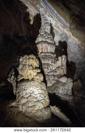 Big Stalagmites Inside The Cave. Close Up View