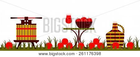 Vector Fruit Press, Demijohn And Table With Apple Drink Isolated On White Background