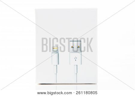 Usb Cable In Box Isolated On White Background. Usb Cable For Devices Charge.