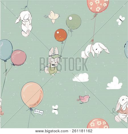 Little Vector Hares Fly With Balloon. Seamless Pattern