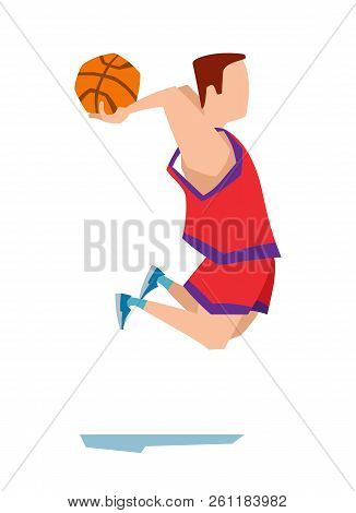 A Young Basketball Player Jumps With The Ball In His Hands. Vector Illustration Of A Player In Red U